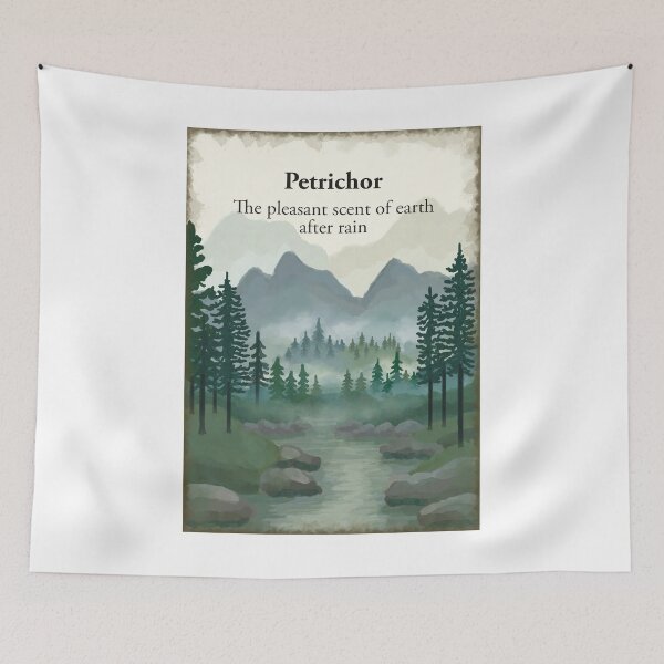 Item preview, PETRICHOR The pleasant scent of earth after rain. Misty forest woodland, river, hills mountains painting designed and sold by Scat the cat.