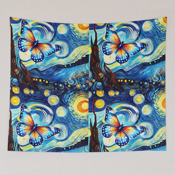Item preview, Van Gogh's butterfly infused into starry night famous painting art designed and sold by EmeraldeaArt.