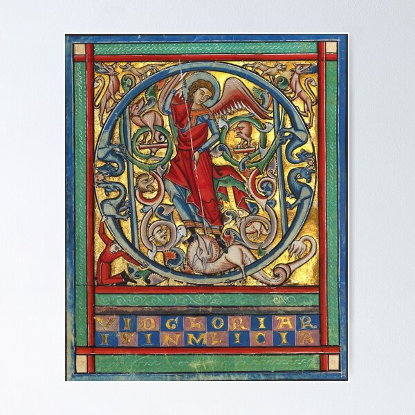 Vista previa del artículo con la obra «ARCÁNGEL SAN MIGUEL Y DRAGÓN, LETRA Q, ANIMALES FANTÁSTICOS EN COLORES ORO ROJO AZUL», diseñado y vendido por BulganLumini.
