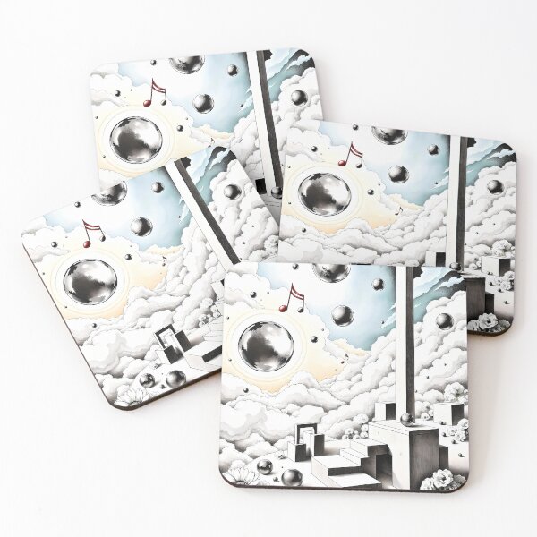 Item preview, Pale Blue Beige Surreal Art Square Blocks Spheres Dreamy Whimsical Floral Music Notes  designed and sold by HardToFindMerchandise.
