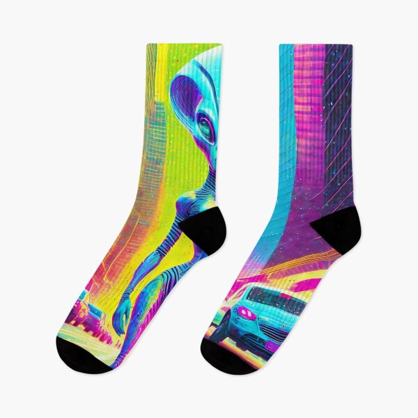 Item preview, Neon Alien Visitor in Futuristic City designed and sold by chacaldesigns.