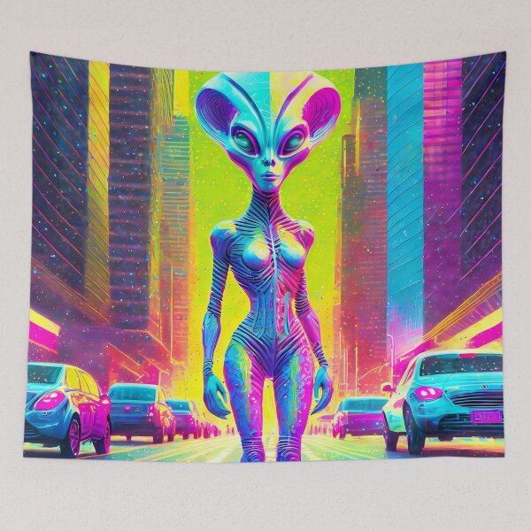 Item preview, Neon Alien Visitor in Futuristic City designed and sold by chacaldesigns.