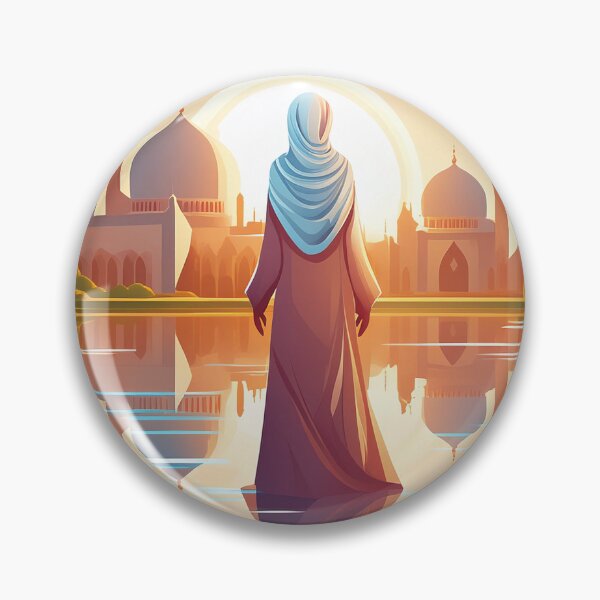 Item preview, A woman in a hijab stands before a grand mosque, reflecting in a tranquil lake at sunset designed and sold by homydesign.