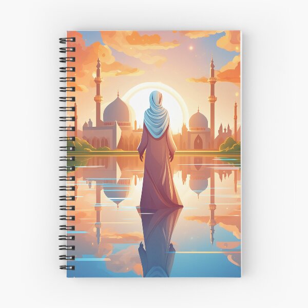 Item preview, A woman in a hijab stands before a grand mosque, reflecting in a tranquil lake at sunset designed and sold by homydesign.
