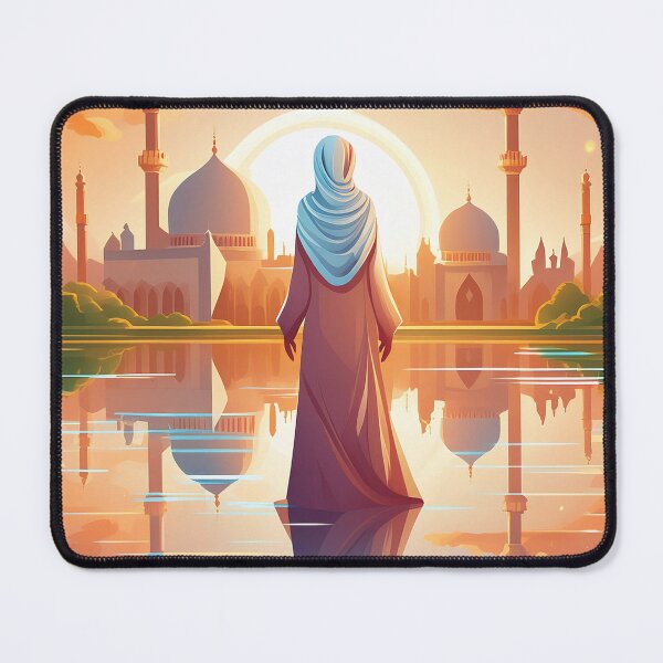 Item preview, A woman in a hijab stands before a grand mosque, reflecting in a tranquil lake at sunset designed and sold by homydesign.