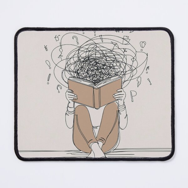 Item preview, A person sits reading a book with a chaotic scribble above head, symbolizing complex thought designed and sold by homydesign.