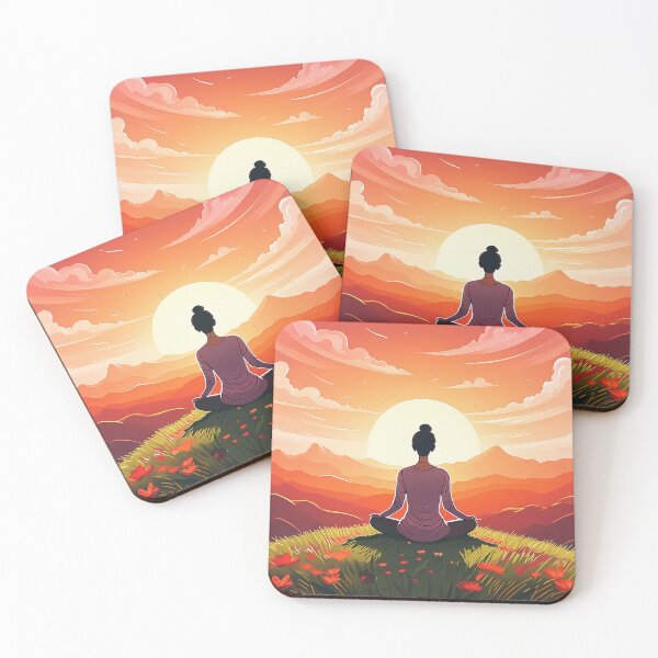 Item preview, Silhouetted figure meditates in a serene sunset landscape designed and sold by homydesign.