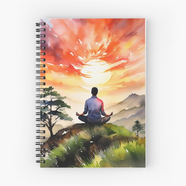Item preview, Vivid painting of a man meditating under a fiery sunset designed and sold by homydesign.