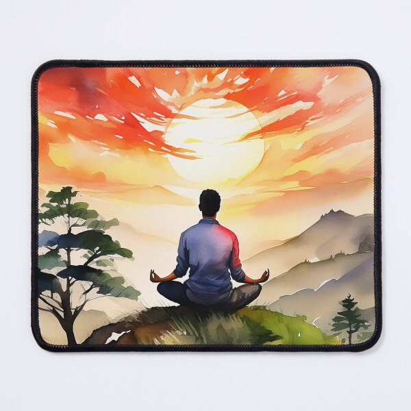 Item preview, Vivid painting of a man meditating under a fiery sunset designed and sold by homydesign.