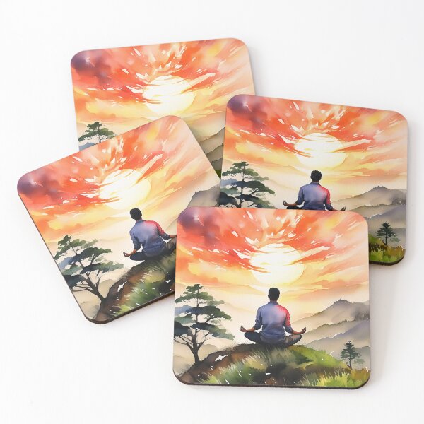 Item preview, Vivid painting of a man meditating under a fiery sunset designed and sold by homydesign.