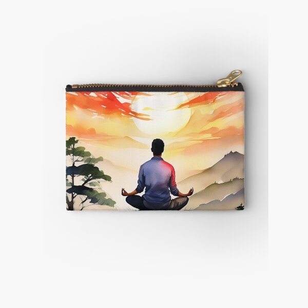 Item preview, Vivid painting of a man meditating under a fiery sunset designed and sold by homydesign.