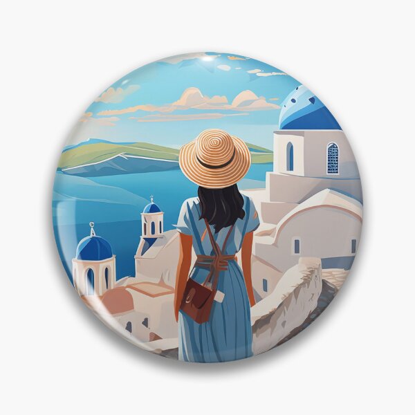 Item preview, A woman in a hat gazes at a blue-domed church on a sunny coastal path designed and sold by homydesign.