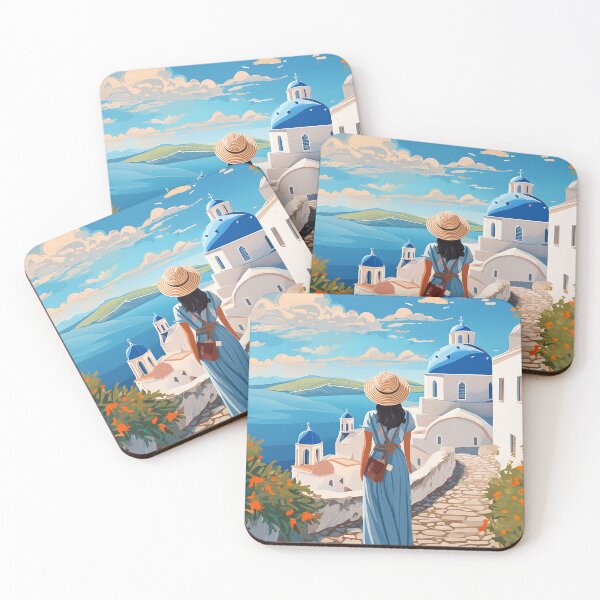 Item preview, A woman in a hat gazes at a blue-domed church on a sunny coastal path designed and sold by homydesign.