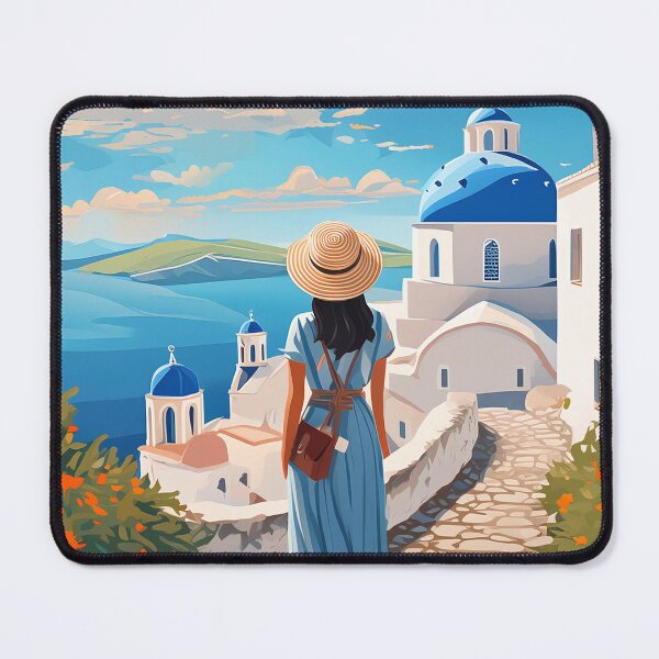 Item preview, A woman in a hat gazes at a blue-domed church on a sunny coastal path designed and sold by homydesign.