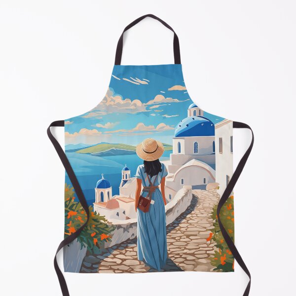 Item preview, A woman in a hat gazes at a blue-domed church on a sunny coastal path designed and sold by homydesign.