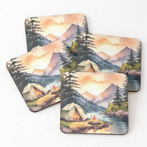 Item preview, Vibrant watercolor of a serene camping scene by a river at sunset designed and sold by homydesign.