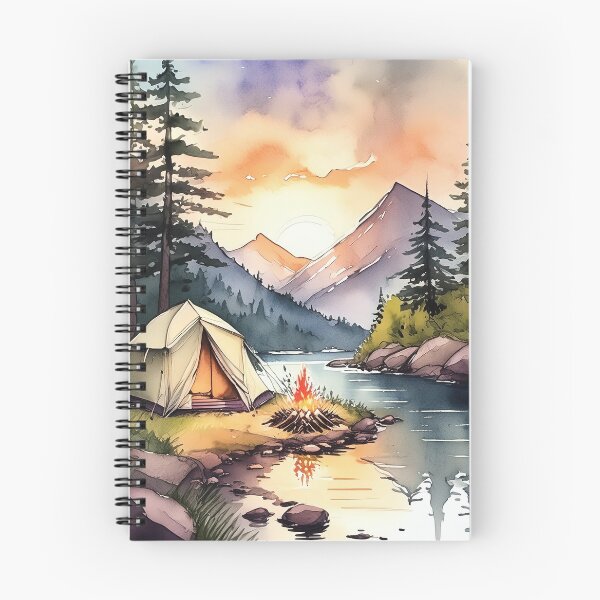 Item preview, Vibrant watercolor of a serene camping scene by a river at sunset designed and sold by homydesign.