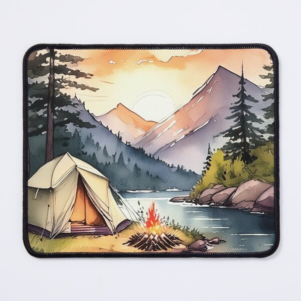 Item preview, Vibrant watercolor of a serene camping scene by a river at sunset designed and sold by homydesign.