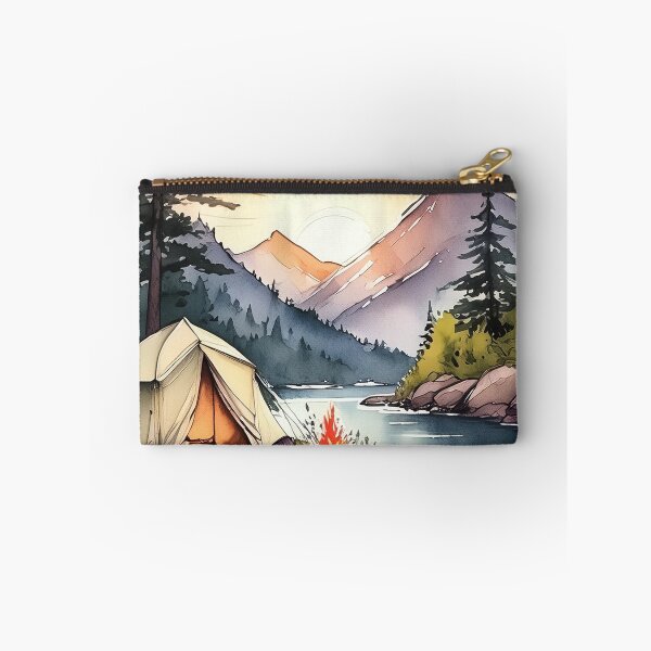 Item preview, Vibrant watercolor of a serene camping scene by a river at sunset designed and sold by homydesign.
