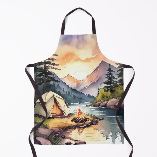 Item preview, Vibrant watercolor of a serene camping scene by a river at sunset designed and sold by homydesign.