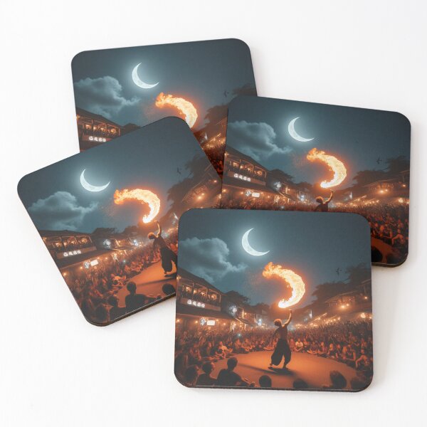 Item preview, Vibrant night scene of a fire performer under a crescent moon designed and sold by homydesign.