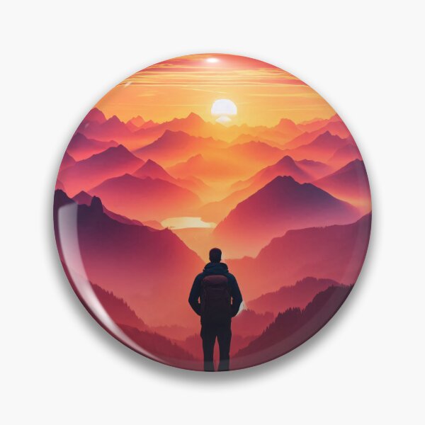 Artikelvorschau, Eine einsame Gestalt steht vor einem leuchtenden Sonnenuntergang über geschichteten Berggipfeln entworfen und verkauft von homydesign.