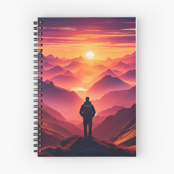 Item preview, A lone figure stands before a vibrant sunset over layered mountain peaks designed and sold by homydesign.