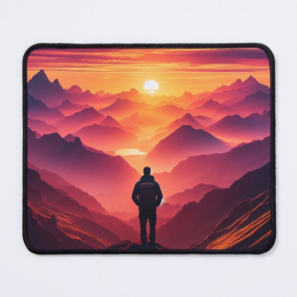Item preview, A lone figure stands before a vibrant sunset over layered mountain peaks designed and sold by homydesign.