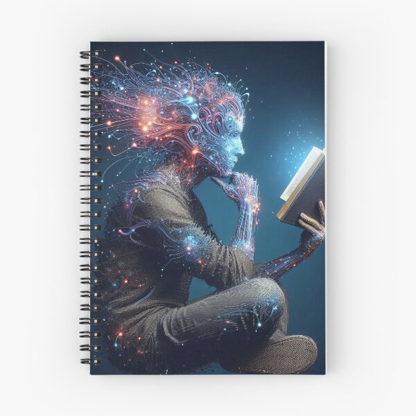 Item preview, Human figure composed of swirling energy lines, reading a glowing book designed and sold by homydesign.