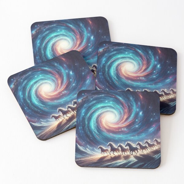Item preview, A herd of horses gallops across a vast plain, their silhouettes framed against a breathtaking cosmic swirl designed and sold by homydesign.