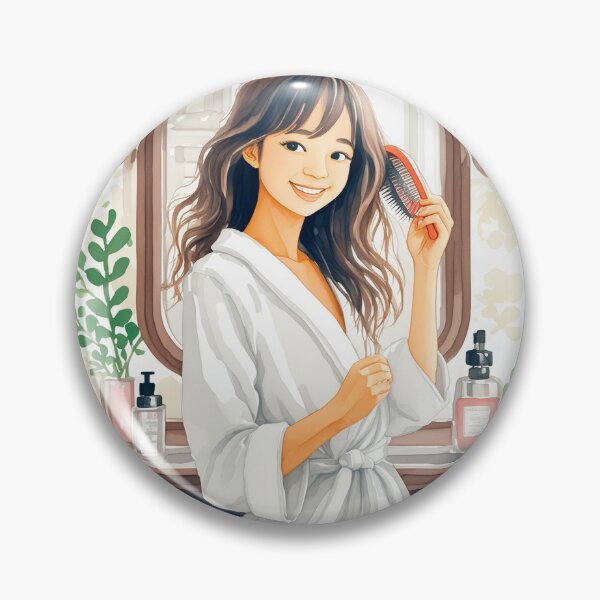 Item preview, A watercolor illustration of a woman in a robe brushing hair, facing a mirror, with bottles in the background designed and sold by homydesign.