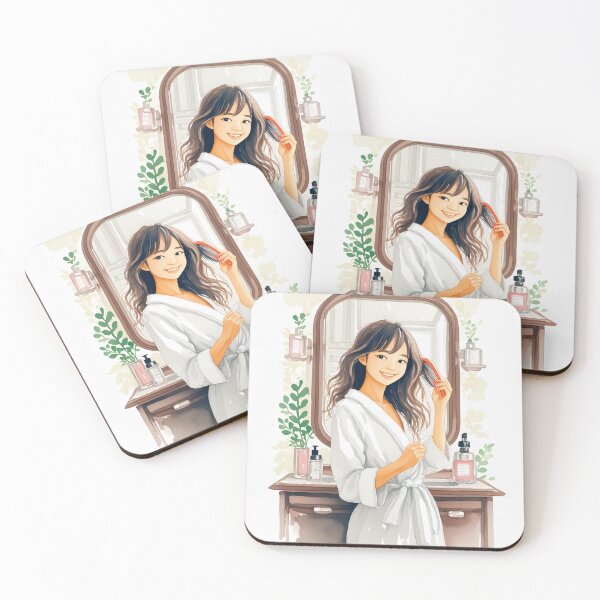 Item preview, A watercolor illustration of a woman in a robe brushing hair, facing a mirror, with bottles in the background designed and sold by homydesign.
