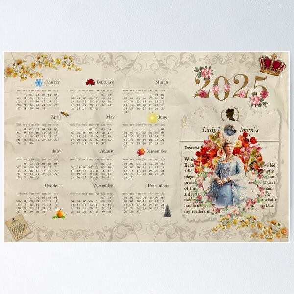 Aperçu de l'œuvre Calendrier 2025 de Bridgerton sur la reine Charlotte Lady Whistledown créée et vendue par KamiTrendz.