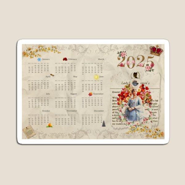 Aperçu de l'œuvre Calendrier 2025 de Bridgerton sur la reine Charlotte Lady Whistledown créée et vendue par KamiTrendz.