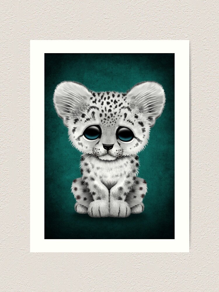 Cute Baby Snow Leopard Cub On Teal Blue Art Print By Jeffbartels Redbubble