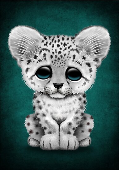 Cute Baby Snow Leopard Cub On Teal Blue Posters By Jeff Bartels