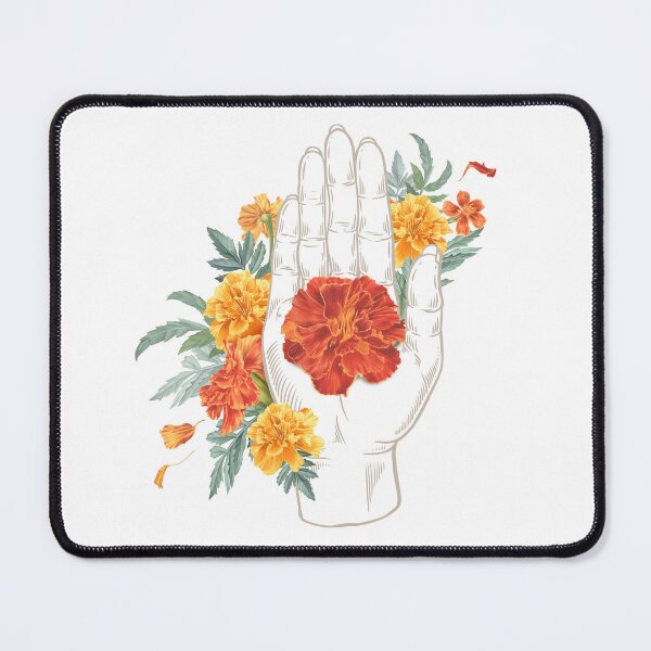 Item preview, Buddha's hand with marigolds. Open hand with red and yellow flowers. designed and sold by XDenisova.