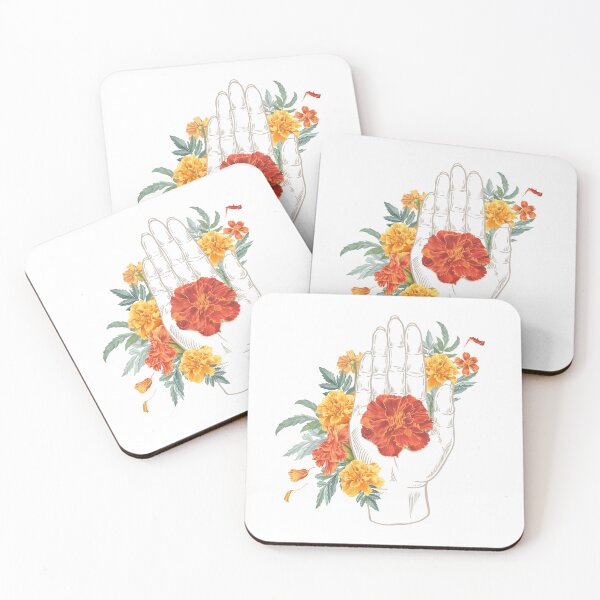 Item preview, Buddha's hand with marigolds. Open hand with red and yellow flowers. designed and sold by XDenisova.