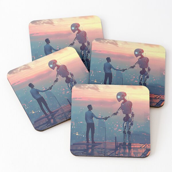 Item preview, Symbolic Handshake Businessman and Humanoid on a City Rooftop. designed and sold by CheerForGoods.