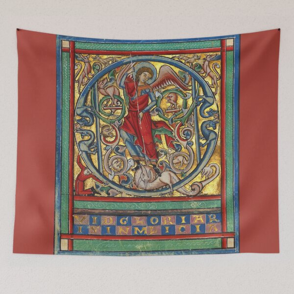 Item preview, ST. MICHAEL ARCHANGEL  AND DRAGON ,Q LETTER ,FANTASTIC ANIMALS IN GOLD RED BLUE COLORS designed and sold by BulganLumini.