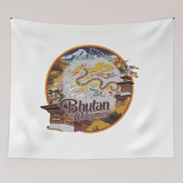 Item preview, Bhutan Welcomes Flag Map Thimphu, Paro, Tiger's Nest, designed and sold by AnimalsDH305.