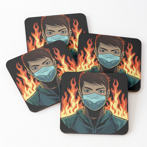 Item preview, man with masks and flames in the background designed and sold by ericrautenbach.