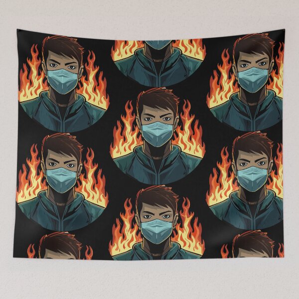 Item preview, man with masks and flames in the background designed and sold by ericrautenbach.