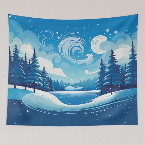 Item preview, A blustery snowstorm with swirling winds over a frozen lake, surrounded by pine trees design. designed and sold by HEMRO.