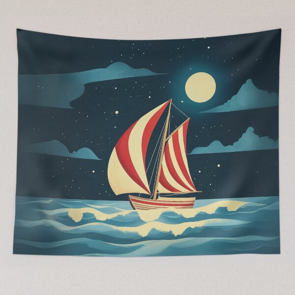Item preview, A design of a beautifully illustrated sailboat gliding gracefully across moonlit waves under a starlit sky.  designed and sold by HEMRO.