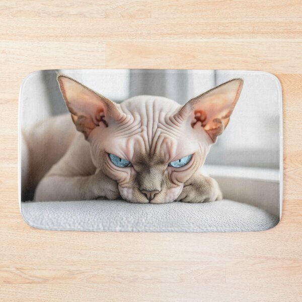 Item preview, A close-up of a Sphynx cat resting with vivid blue eyes, showcasing its unique wrinkled skin and distinct features in a cozy indoor setting designed and sold by anytka.
