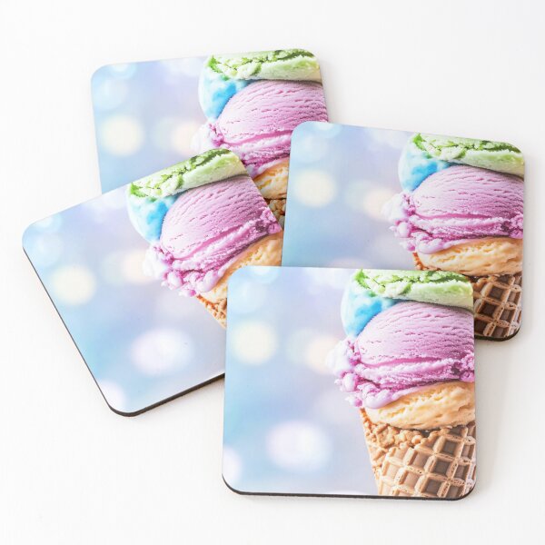 Item preview, Colorful ice cream cones stacked with various flavors against a blurred pastel background during a sunny day designed and sold by anytka.