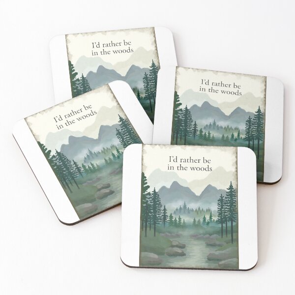 Item preview, I'd rather be in the woods. Misty forest woodland, river, hills mountains painting designed and sold by Scat the cat.