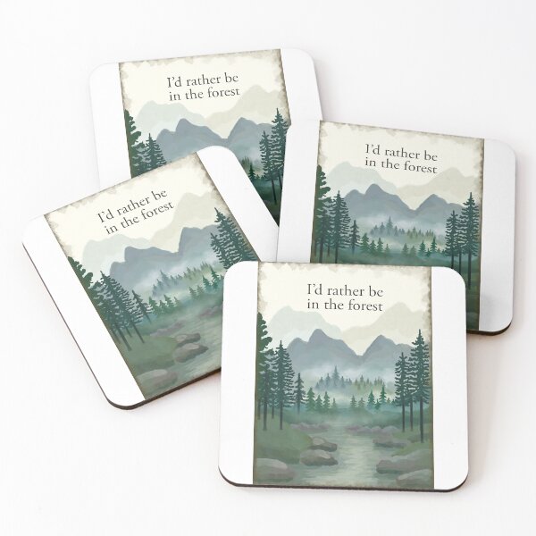 Item preview, I'd rather be in the forest. Misty forest woodland, river, hills mountains painting designed and sold by Scat the cat.