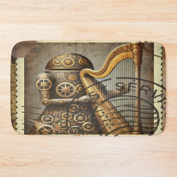 Item preview, Steampunk Android Playing a Harp Vintage Postage Art designed and sold by DreamsArtwear.